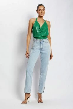 QNG Brinley Cowl Neck Glow Mesh Top - Green