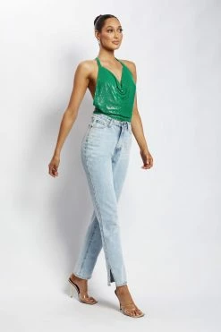 QNG Brinley Cowl Neck Glow Mesh Top - Green