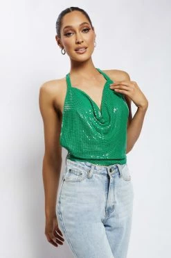 QNG Brinley Cowl Neck Glow Mesh Top - Green