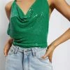 QNG Brinley Cowl Neck Glow Mesh Top - Green