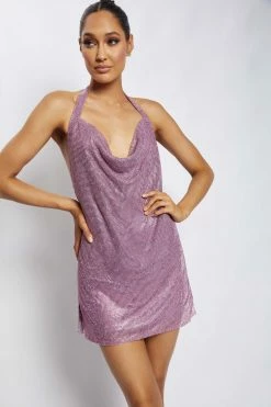 Meshki Boutique Meilani Low Back Diamante Mesh Mini Dress - Pink DRESSES