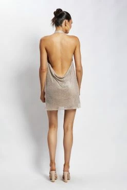 QNG Meilani Low Back Diamante Mesh Mini Dress - Gold DRESSES 14 QNG Meilani Low Back Diamante Mesh Mini Dress - Gold DRESSES