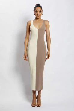 EMS DRESSES Jodie Two Tone V Neck Midi Dress - Multi Nude