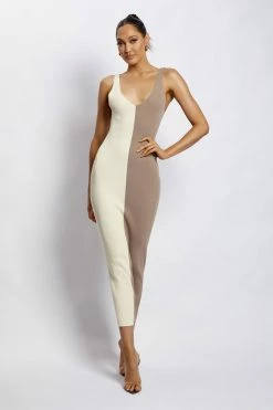 EMS DRESSES Jodie Two Tone V Neck Midi Dress - Multi Nude