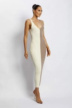 EMS DRESSES Jodie Two Tone V Neck Midi Dress - Multi Nude