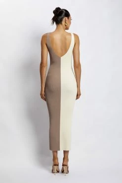 EMS DRESSES Jodie Two Tone V Neck Midi Dress - Multi Nude