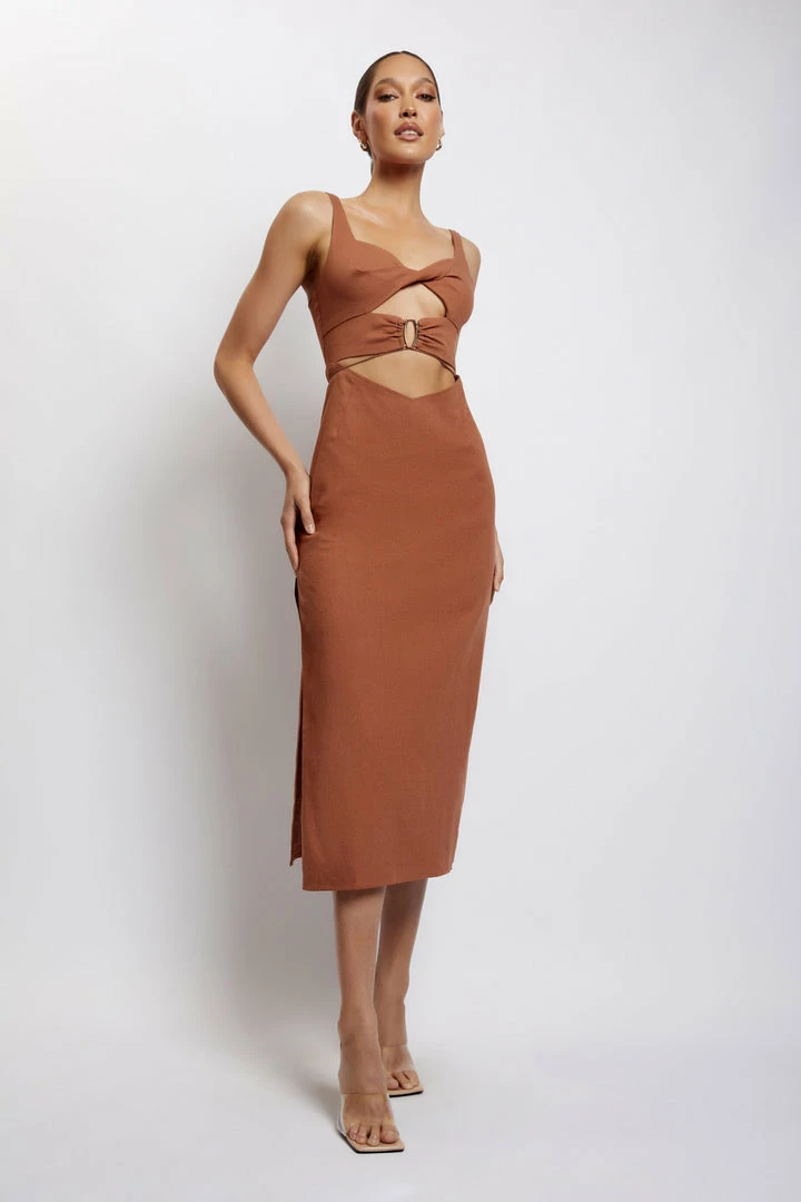 QNG Serena Cut Out O Ring Linen Midi Dress - Brown 2 QNG Serena Cut Out O Ring Linen Midi Dress - Brown
