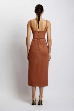 QNG Serena Cut Out O Ring Linen Midi Dress - Brown 14 QNG Serena Cut Out O Ring Linen Midi Dress - Brown