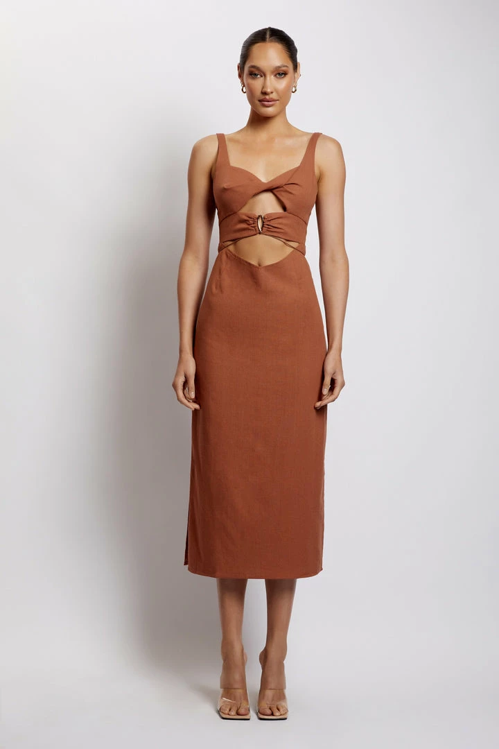 QNG Serena Cut Out O Ring Linen Midi Dress - Brown 5 QNG Serena Cut Out O Ring Linen Midi Dress - Brown