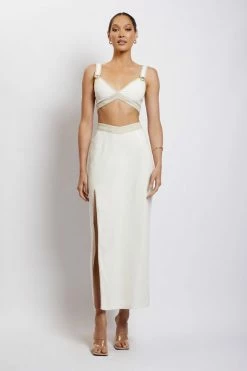 WNT Zinnia Contrast Binding Linen Midi Skirt - White