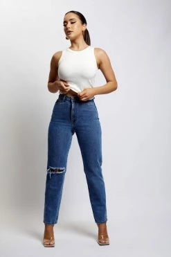 EMS Millicent Ripped Mom Jean - Mid Blue All Bottoms
