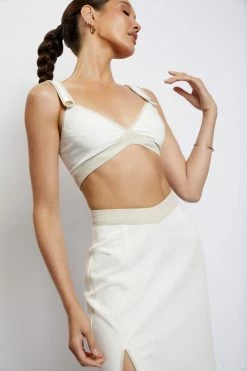 WNT All Tops Zinnia Contrast Binding Linen Crop Top - White