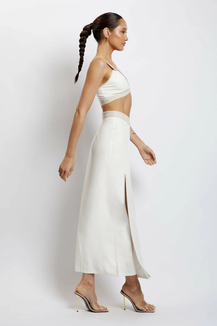WNT Zinnia Contrast Binding Linen Midi Skirt - White 4 WNT Zinnia Contrast Binding Linen Midi Skirt - White