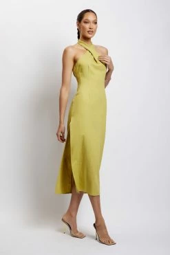 HSH DRESSES Ellie Linen Halter Midi Dress - Apple