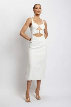 QNG Serena Cut Out O Ring Linen Midi Dress - White