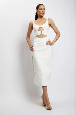 QNG Serena Cut Out O Ring Linen Midi Dress - White 14 QNG Serena Cut Out O Ring Linen Midi Dress - White