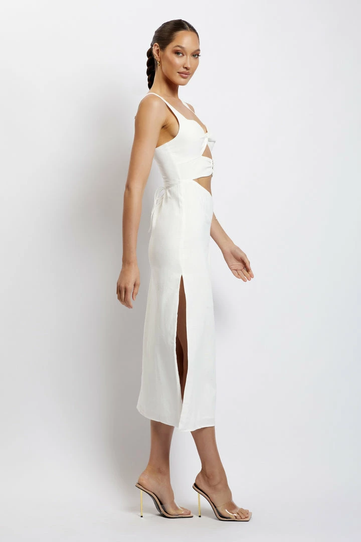 QNG Serena Cut Out O Ring Linen Midi Dress - White 4 QNG Serena Cut Out O Ring Linen Midi Dress - White