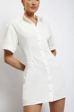 QNG Palma Cinched Waist Linen Mini Dress - White DRESSES