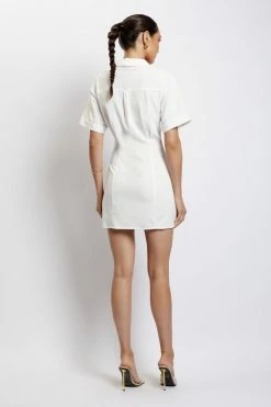 QNG Palma Cinched Waist Linen Mini Dress - White DRESSES