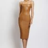 LCH DRESSES Celine Faux Leather Square Neck Midi Dress - Dark Tan
