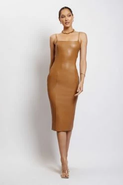 LCH DRESSES Celine Faux Leather Square Neck Midi Dress - Dark Tan