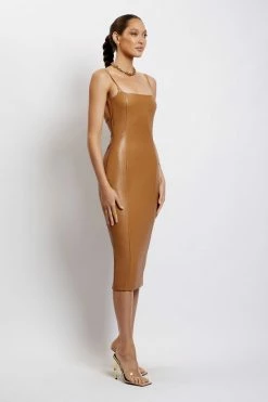 LCH DRESSES Celine Faux Leather Square Neck Midi Dress - Dark Tan