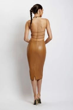 LCH DRESSES Celine Faux Leather Square Neck Midi Dress - Dark Tan