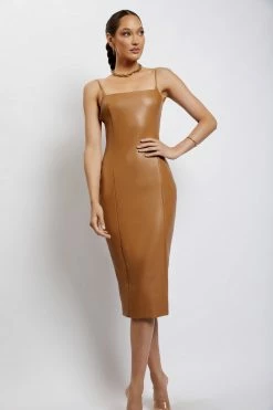 LCH DRESSES Celine Faux Leather Square Neck Midi Dress - Dark Tan