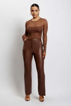GZH All Tops Tarna Long Sleeve Mesh Bodysuit - Chocolate