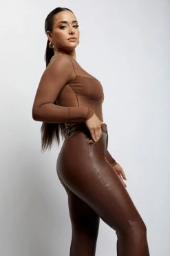 GZH All Tops Tarna Long Sleeve Mesh Bodysuit - Chocolate