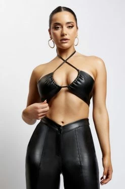 WNG Ruby Faux Leather Ruched Crop Top - Black Two Piece Sets