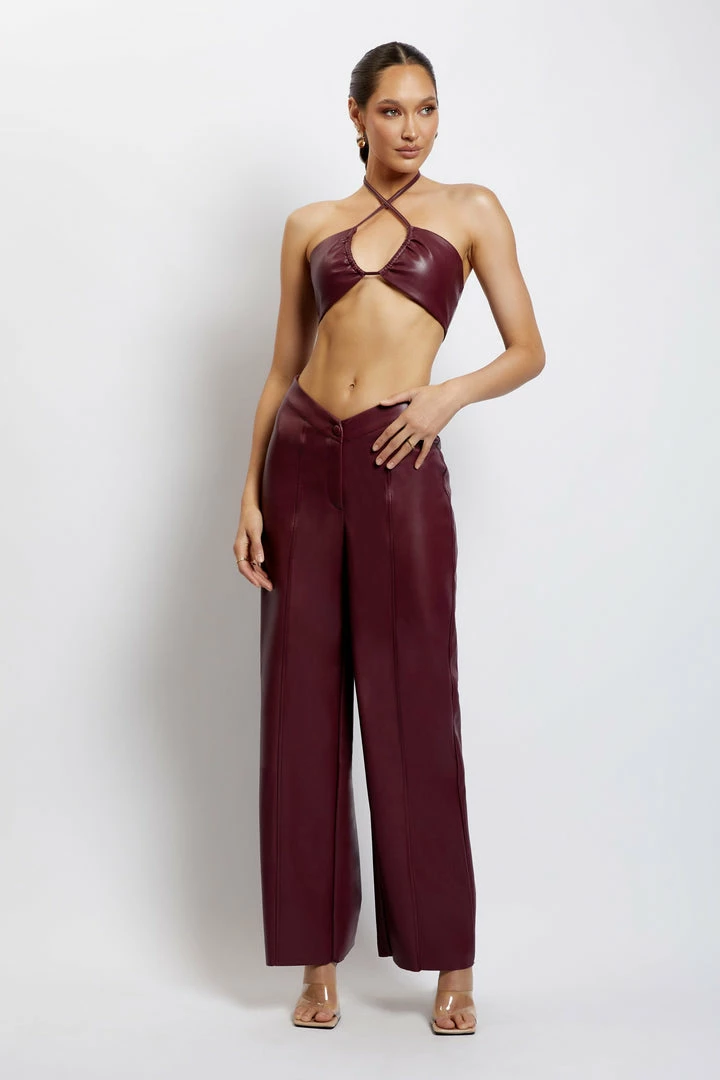 WNG Ruby Faux Leather Ruched Crop Top - Wine Two Piece Sets 6 WNG Ruby Faux Leather Ruched Crop Top - Wine Two Piece Sets