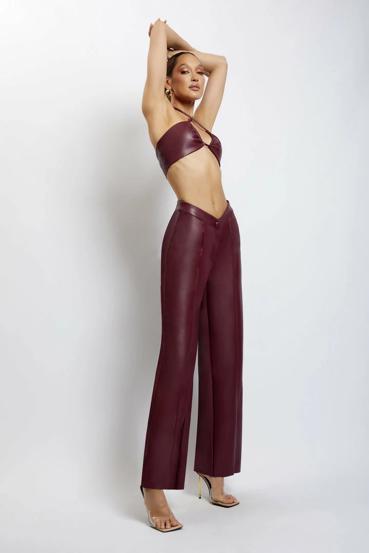 WNG Ruby Faux Leather Ruched Crop Top - Wine Two Piece Sets 8 WNG Ruby Faux Leather Ruched Crop Top - Wine Two Piece Sets