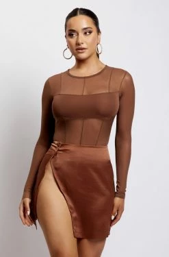 WNT Romi Asymmetric Wrap Satin Mini Skirt - Mocha All Bottoms 16 WNT Romi Asymmetric Wrap Satin Mini Skirt - Mocha All Bottoms