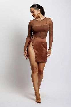 WNT Romi Asymmetric Wrap Satin Mini Skirt - Mocha All Bottoms 19 WNT Romi Asymmetric Wrap Satin Mini Skirt - Mocha All Bottoms