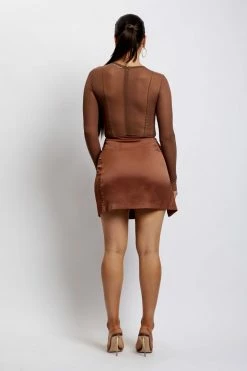 WNT Romi Asymmetric Wrap Satin Mini Skirt - Mocha All Bottoms 17 WNT Romi Asymmetric Wrap Satin Mini Skirt - Mocha All Bottoms