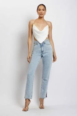 WNT Brianna Cowl Gold Chain Top - White