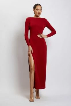 AMC DRESSES Keren Long Sleeve Maxi Dress With Back Cut Outs - Wine
