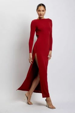 AMC DRESSES Keren Long Sleeve Maxi Dress With Back Cut Outs - Wine