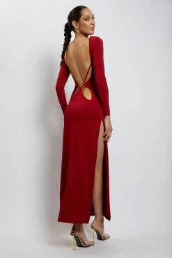 AMC DRESSES Keren Long Sleeve Maxi Dress With Back Cut Outs - Wine