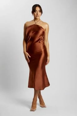 WNT Ivana Satin Halter Midi Dress- Chocolate DRESSES 8 WNT Ivana Satin Halter Midi Dress- Chocolate DRESSES