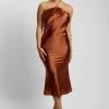 WNT Ivana Satin Halter Midi Dress- Chocolate DRESSES
