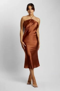 WNT Ivana Satin Halter Midi Dress- Chocolate DRESSES