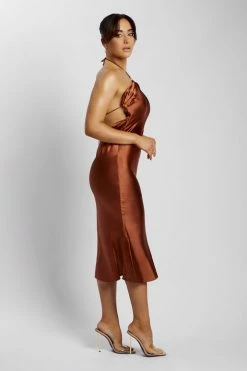 WNT Ivana Satin Halter Midi Dress- Chocolate DRESSES 10 WNT Ivana Satin Halter Midi Dress- Chocolate DRESSES