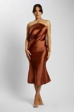 WNT Ivana Satin Halter Midi Dress- Chocolate DRESSES 11 WNT Ivana Satin Halter Midi Dress- Chocolate DRESSES