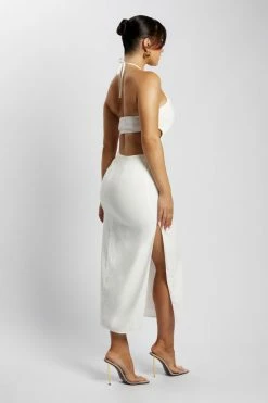 QNG DRESSES Athena Halter Neck Cut Out Linen Midi Dress - White