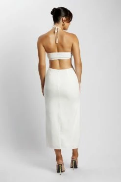QNG DRESSES Athena Halter Neck Cut Out Linen Midi Dress - White
