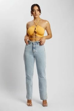 AMC Sabrina Ruched Halter Crop Top - Mango All Tops