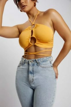 AMC Sabrina Ruched Halter Crop Top - Mango All Tops