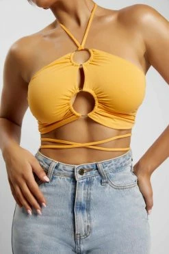 AMC Sabrina Ruched Halter Crop Top - Mango All Tops